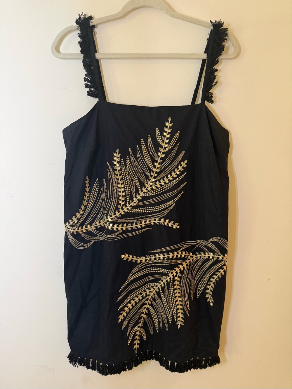 Anthropologie Black Mini Dress with Gold Leaf Embroidery